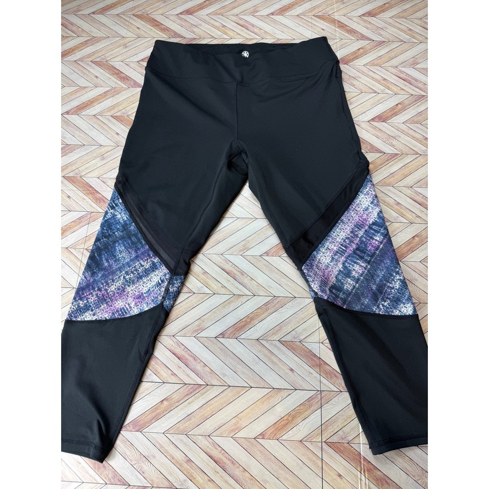 Gaiam Womens Black Athletic Leggings Geometric Print Mesh Insert L Workout Large